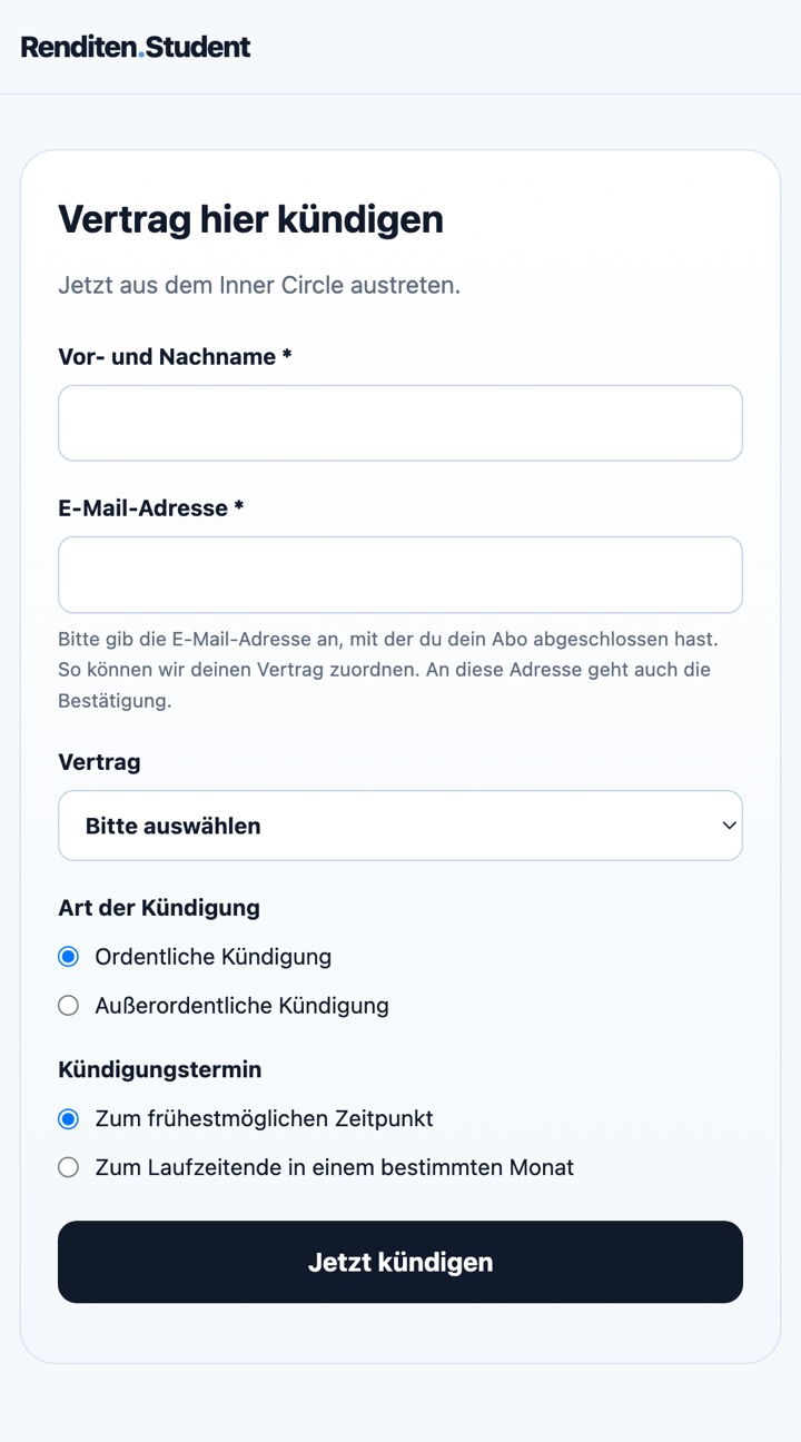 Kündigungsseite von Renditen.Student