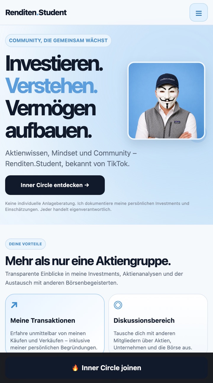 Startseite von Renditen.Student auf dem Handy